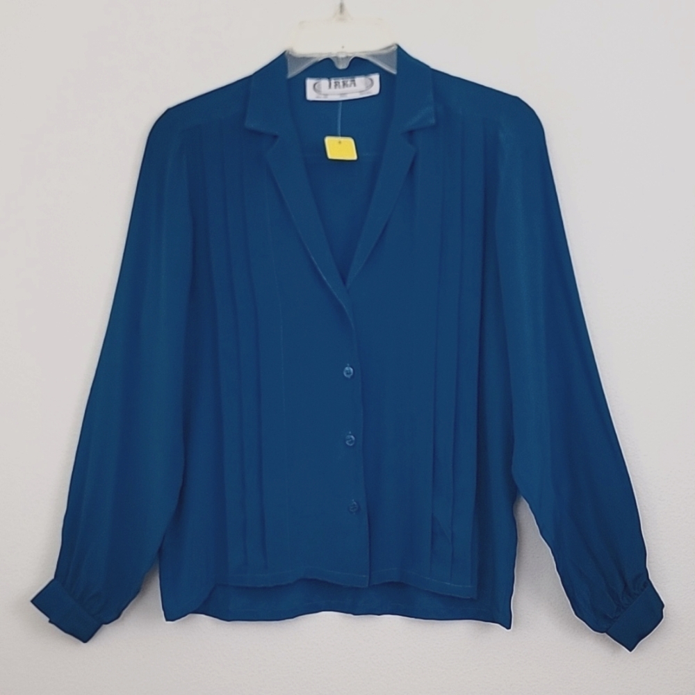 Irka Vintage Emerald Blue Silk Pleated Blouse 4